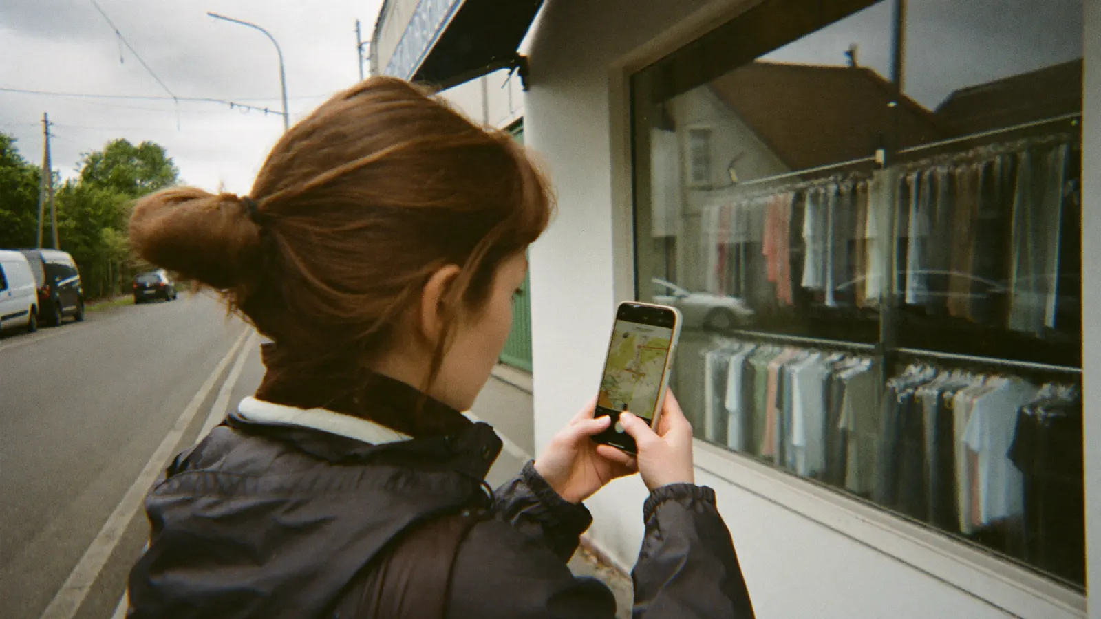 Frau mit geöffneter Karten-App auf dem Smartphone vor einer Wäscherei